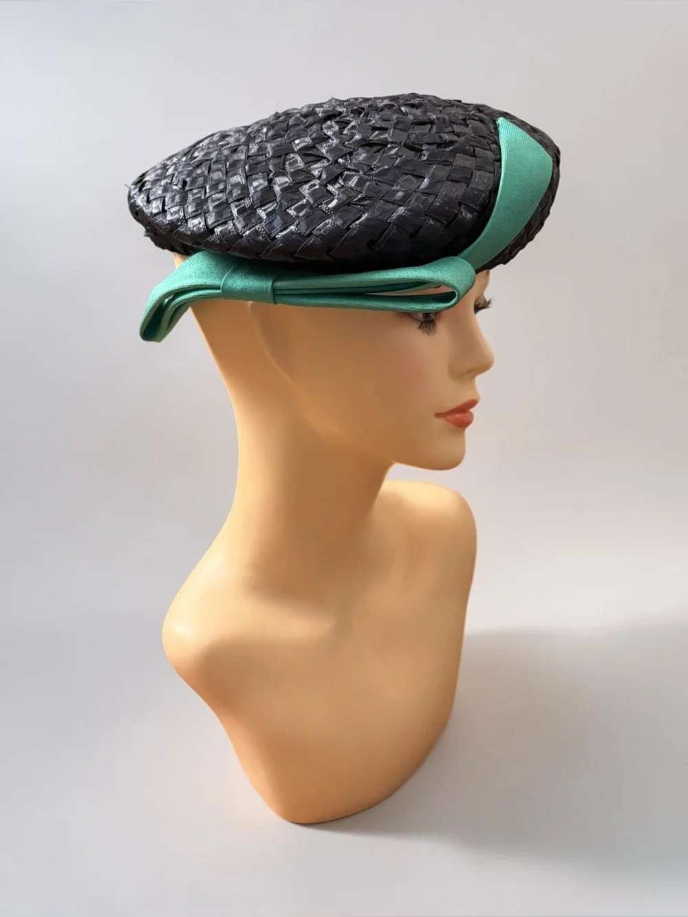Vintage Black Braided Straw Pillbox Hat with Mint Green Bow – 1950s Original